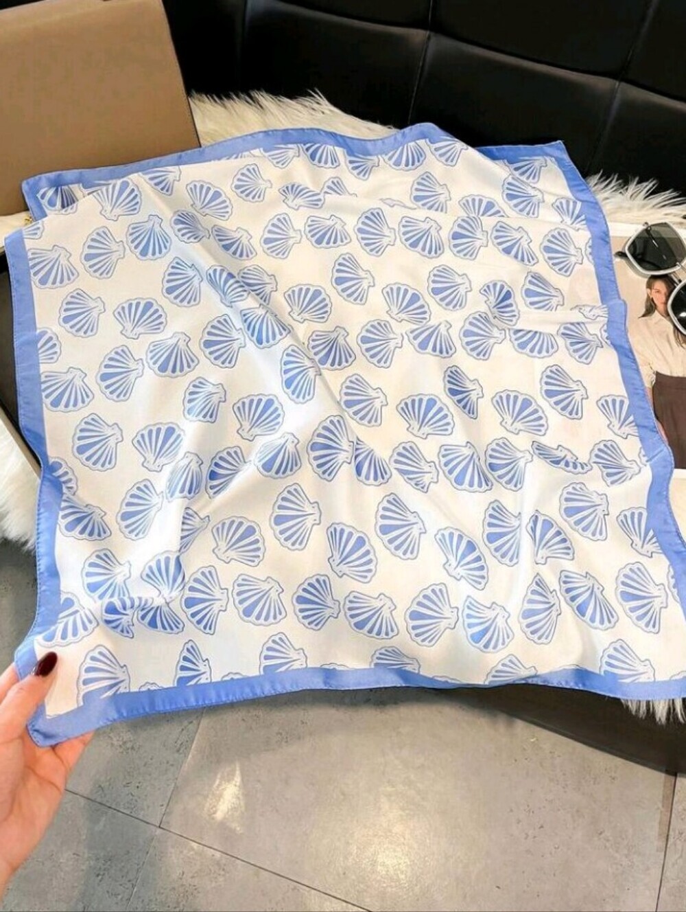 Blue and White Scallop Seashell Print Satin Scarf Summer Beach Vacation Shells